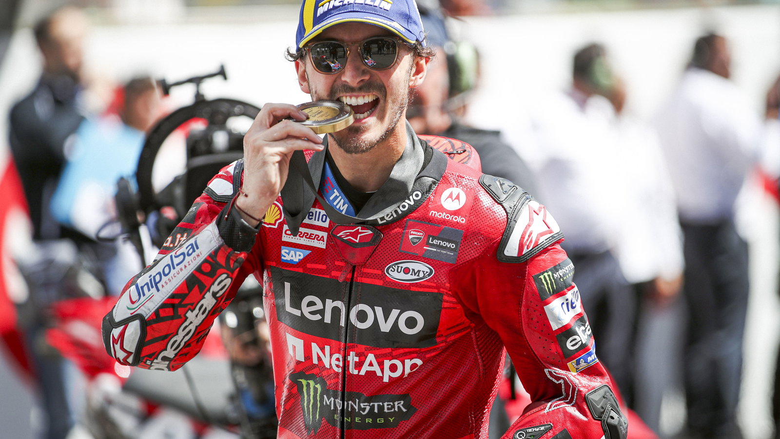 Francesco Bagnaia with winner's medal, Italian Grand prix, MotoGP, Mugello, 2024